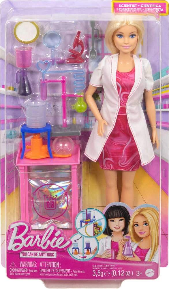 Barbie Poupée mode et accessoires Scientifique, blonde, table