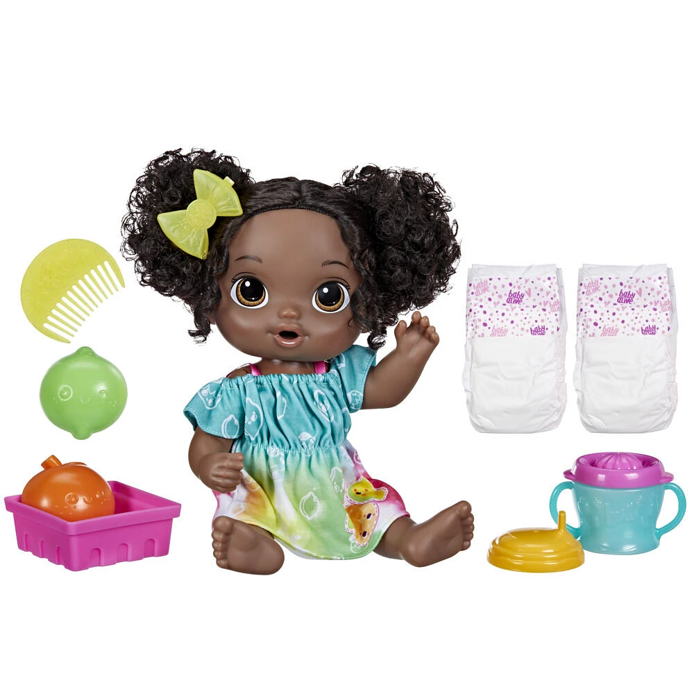 Baby Alive, coffret poupée Boissons fruitées, citron vert, 30 cm, boit et mouille sa couche, presse-agrumes factice, cheveux noirs