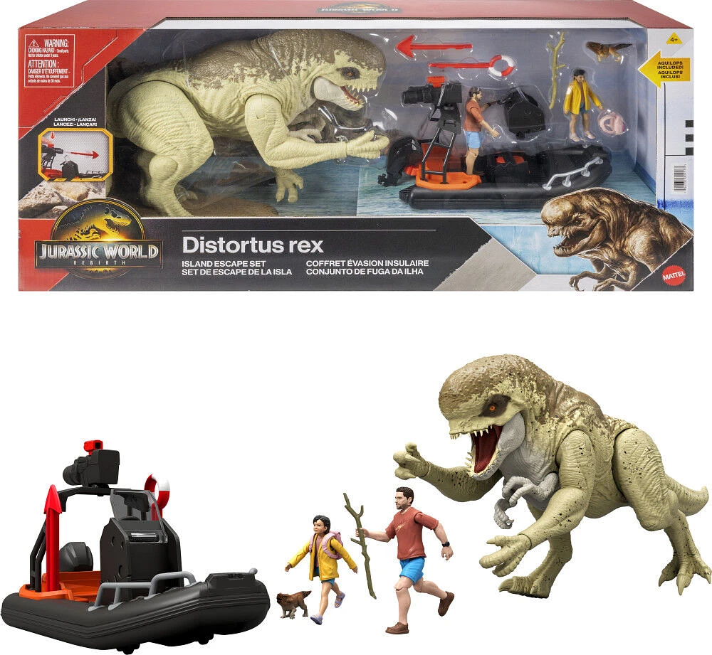 Jurassic World Rebirth Storypack with Raft, Distortus Rex, Adult, Child & Aquilops, Island Escape