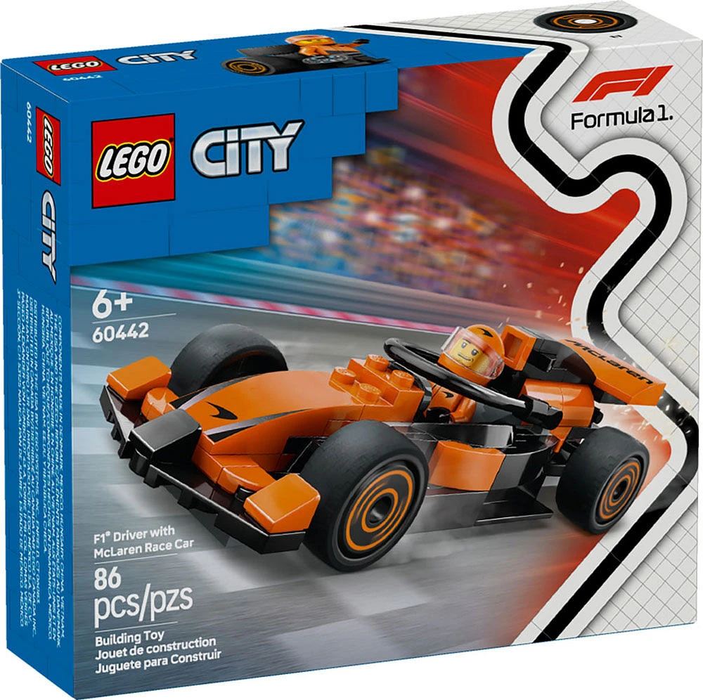 LEGO City Le pilote de F1 avec la voiture de course McLaren, ensemble de construction de véhicule miniature pour enfants 60442