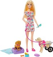 Barbie  Poupée, chiot et chien dans un fauteuil roulant, accessoire