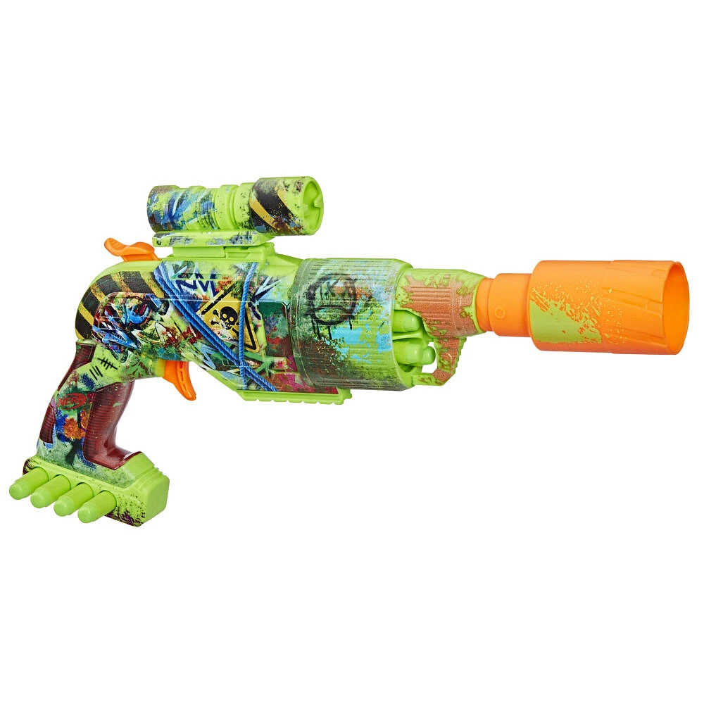 Nerf Zombie Driller, blaster à fléchettes, 16 fléchettes Nerf Elite, barillet rotatif 5 fléchettes, viseur amovible, jeux d'extérieur