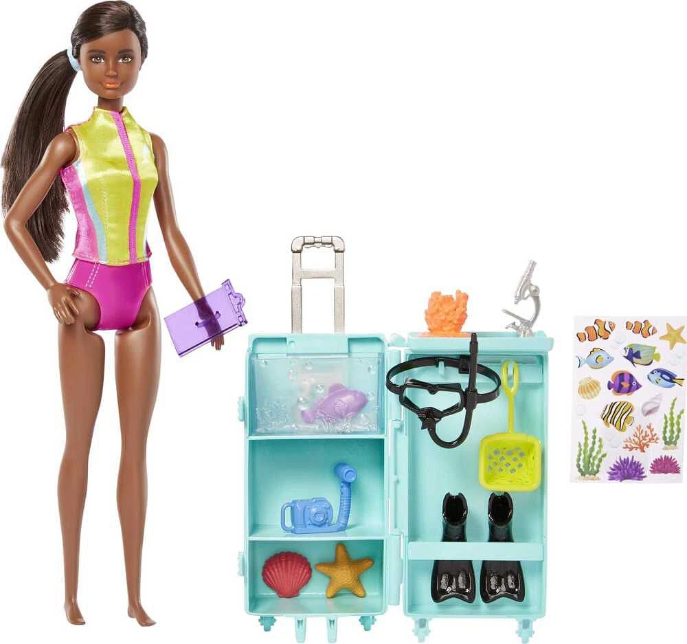 Barbie Marine Biologist Doll and Accessories, Mobile Lab Playset with Brunette Doll and 10+ Pieces