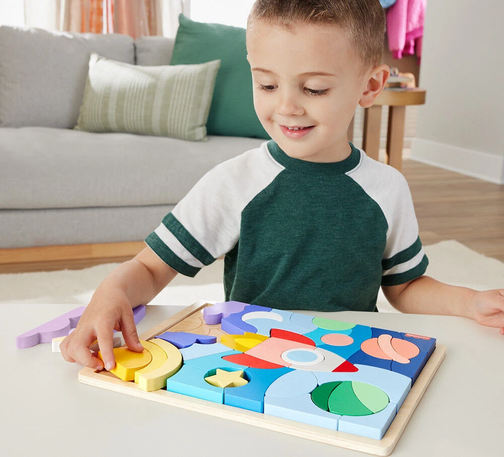 Fisher-Price Wooden Space Blocks Puzzle for Preschool Kids, 42 Wood Pieces