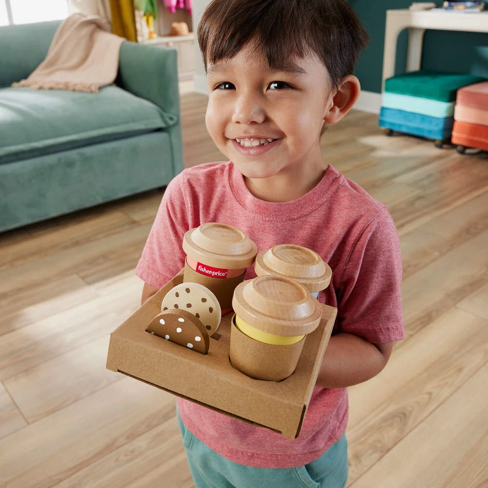 Fisher-Price Wooden Coffee To Go Set, Preschool Café Shop Playset, 15 Wood Pieces