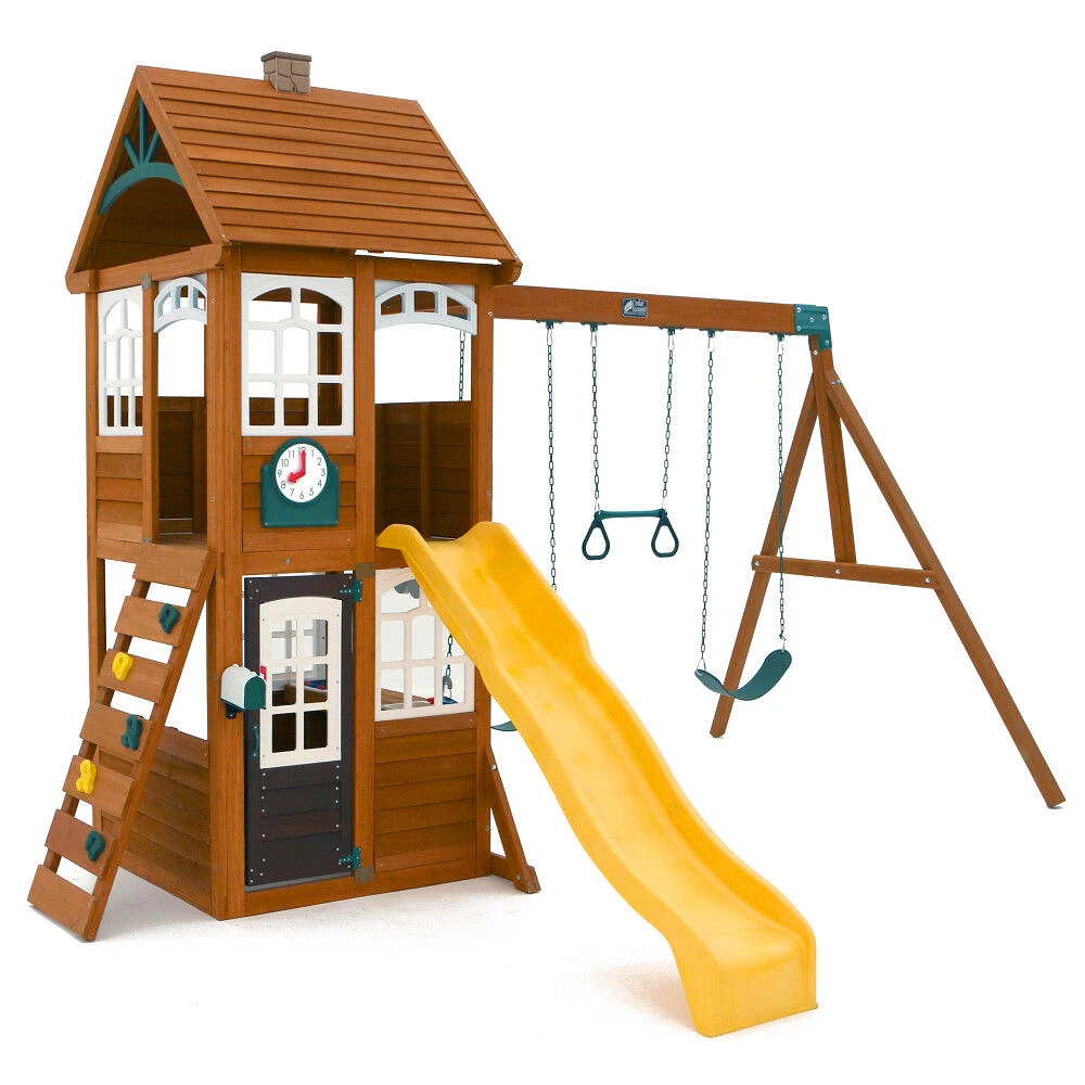 KidKraft McKinley Wooden Swing Set / Playset with Clubhouse, Mailbox, Play Kitchen and Slide