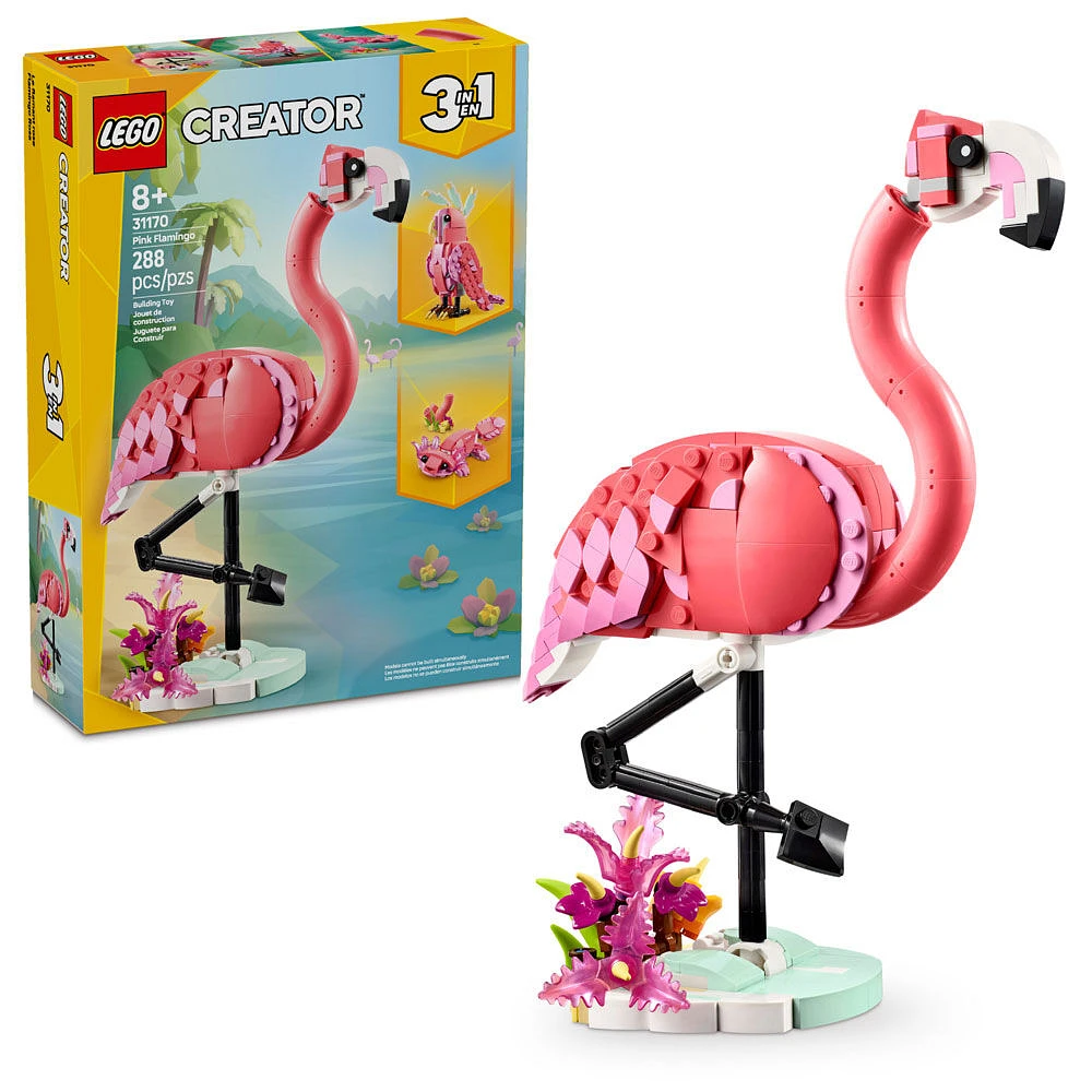 LEGO Creator Les animaux sauvages : Le flamant rose, Jouet d'animal, Se transforme en cacatoès ou en axolotl 31170