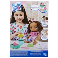 Baby Alive, coffret poupée Boissons fruitées, citron, 30 cm, boit et mouille sa couche, presse-agrumes factice, cheveux bruns