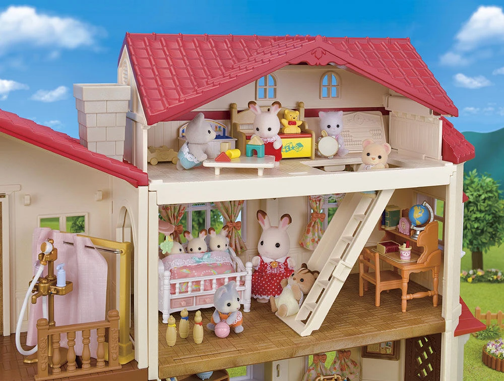 Calico Critters Maison de campagne au toit rouge, maison de poupée avec figurines, meubles et accessoires