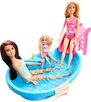 Barbie Coffret et poupée, brunette, piscine, serviette, boissons