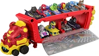 Hot Wheels RacerVerse Marvel Hulkbuster Hauler, Stores Up to 10 Toy Cars, Detachable Cab with Flip-Up Helmet & Non-Removable Figure