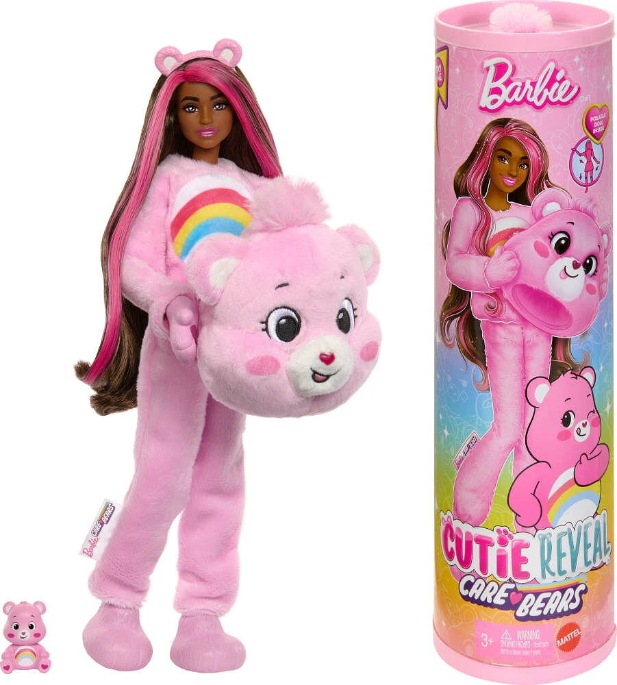 Barbie Cutie Reveal Care Bears Series Doll & Accessories in Cheer Bear Plush Costume, 10 Surprises