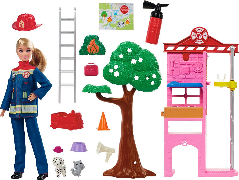 Barbie Firefighter Playset with Blonde Fashion Doll, Fire Station, 2 Pets & 10+ Accessories