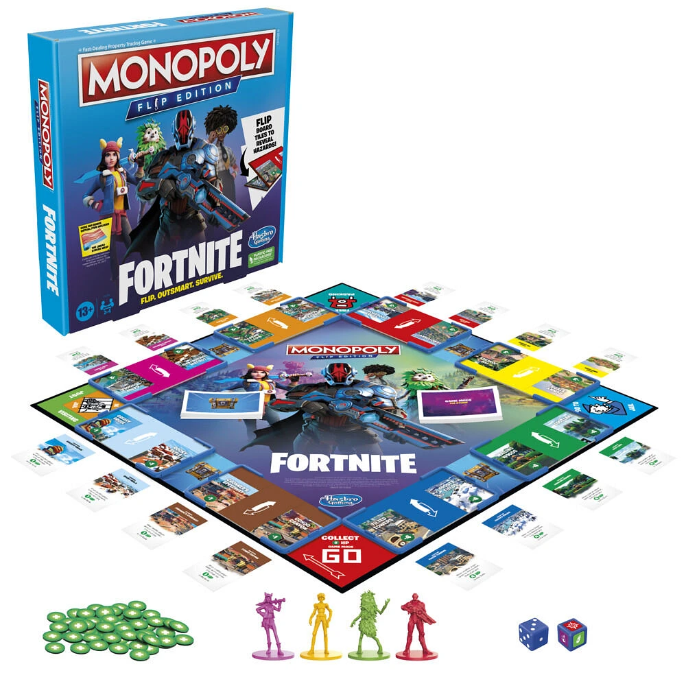 Monopoly Flip édition : Fortnite, jeu de plateau Monopoly inspiré du jeu vidéo Fortnite