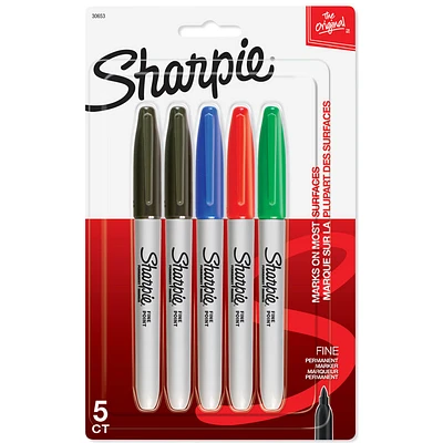 Marqueurs permanents Sharpie, pointe fine, couleurs assorties, 5 unités