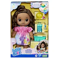 Baby Alive, coffret poupée Boissons fruitées, citron, 30 cm, boit et mouille sa couche, presse-agrumes factice, cheveux bruns