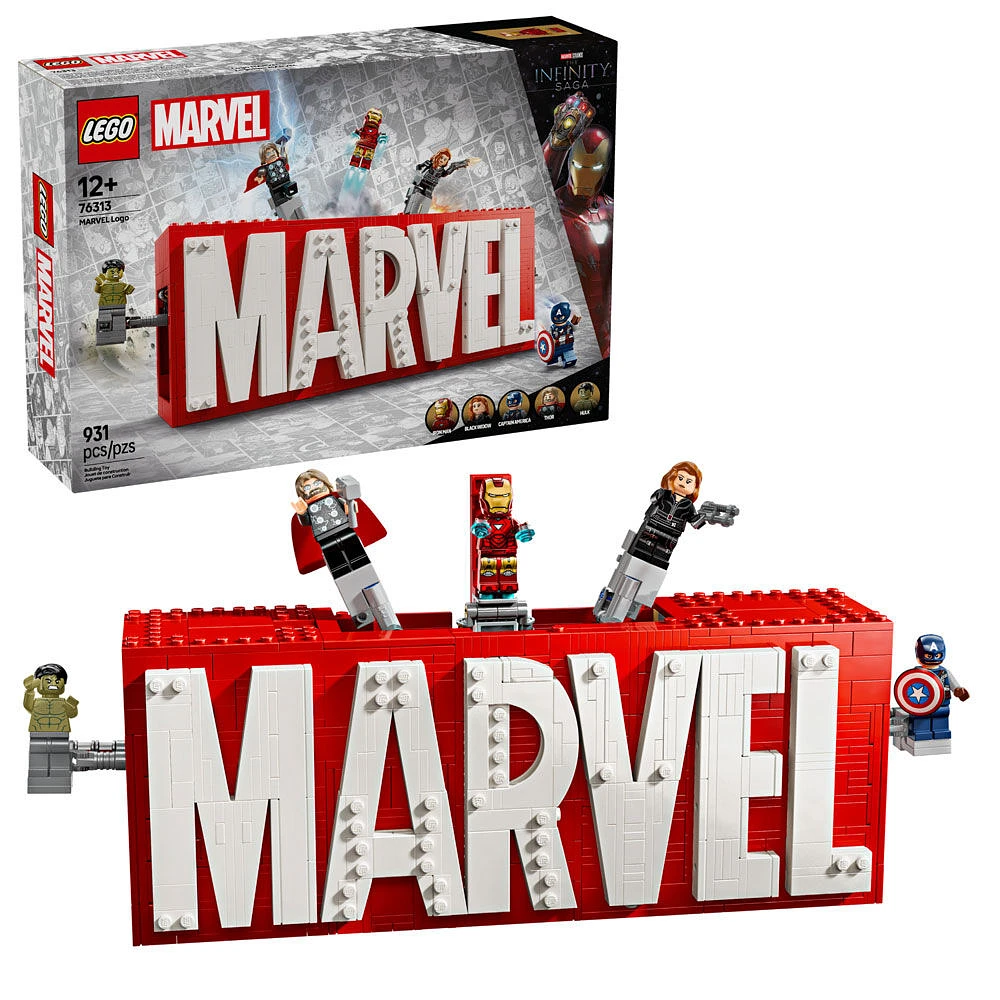 LEGO Marvel : Logo et figurines MARVEL, Ensemble à construire avec personnages des Avengers 76313