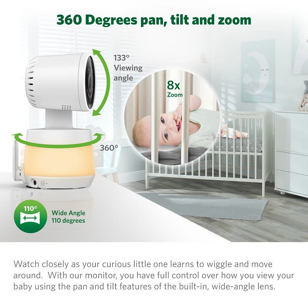 LeapFrog Moniteur de bébé Wi-Fi 1080p panoramique à 360 degrés et inclinaison à 2 camér affichage haute définition 720p de 5 po, veilleuse, vision nocturne couleur, LF925-2HD (blanc)