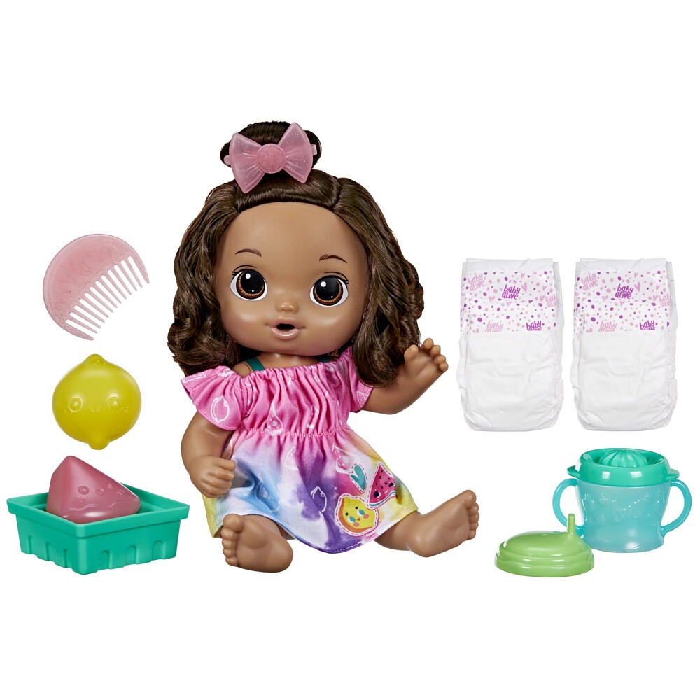 Baby Alive Fruity Sips Doll, Lemon, 12-inch Baby Doll Set, Drinks and Wets, Pretend Juicer, Brown Hair