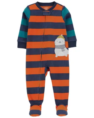 Carter's One Piece Seal Striped Fleece Footie Pajamas Navy 3T