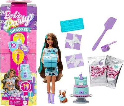 Barbie Party Unboxed Pet Birthday Series Doll & Accessories, Party Stars Set with 10 Surprises