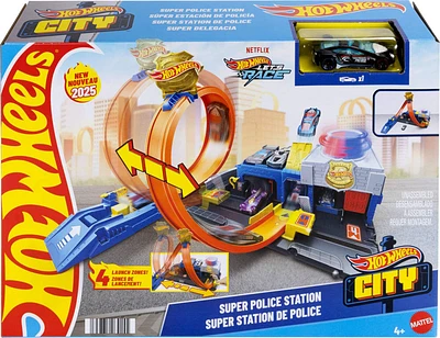 Hot Wheels City Super Police Station Playset with 1:64 Scale Police Toy Car & Adjustable Track Loop