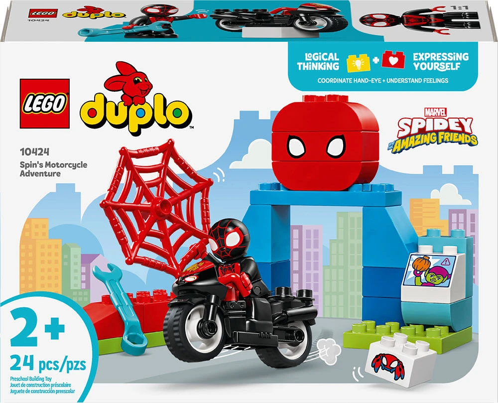 LEGO DUPLO Marvel Spin's Motorcycle Adventure, Spidey Fantasy Playset, Motorcycle Toy with Wheels, 10424