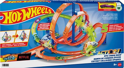 Hot Wheels Track Set with 5 Crash Zones, Motorized Booster and 1 Hot Wheels Car