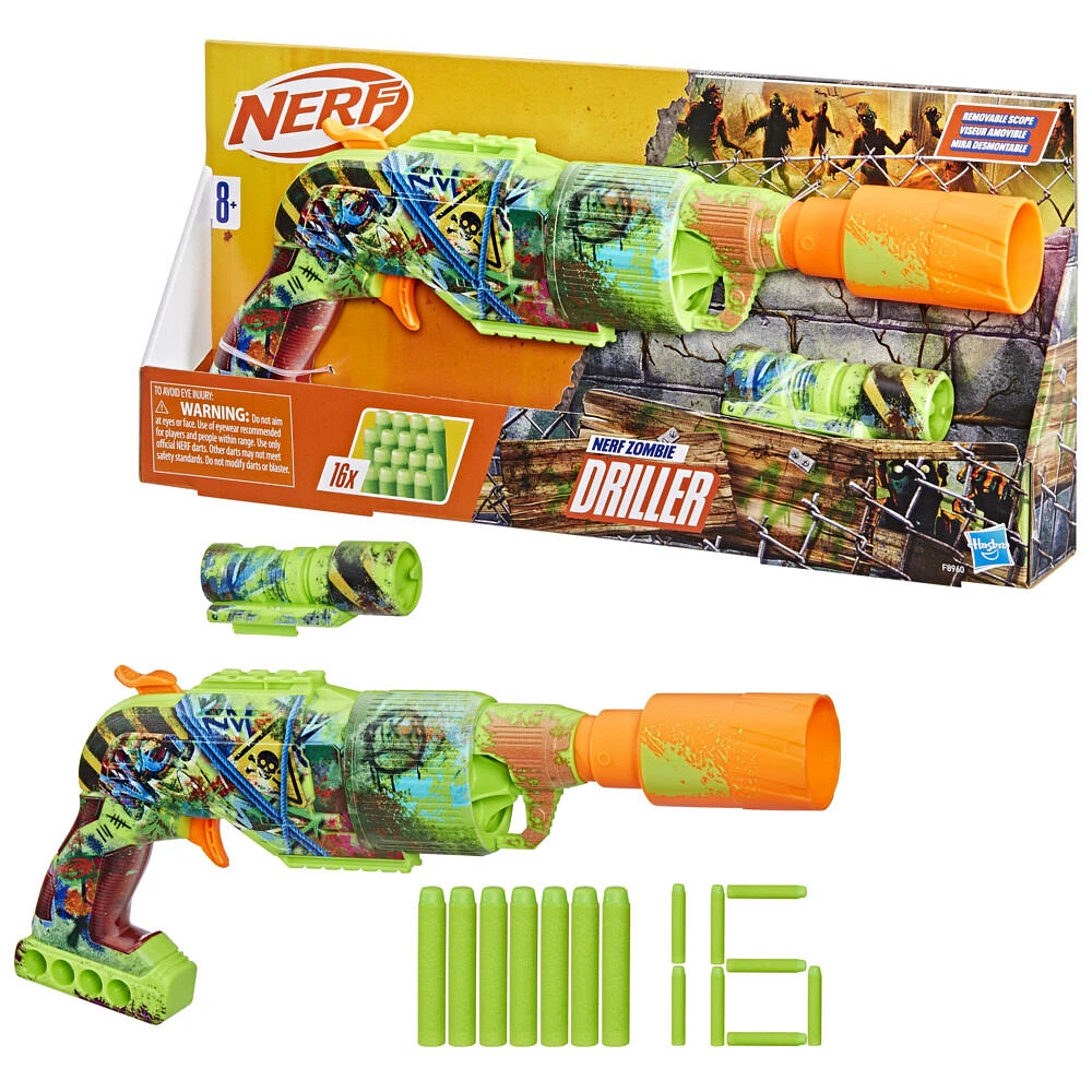 Nerf Zombie Driller, blaster à fléchettes, 16 fléchettes Nerf Elite, barillet rotatif 5 fléchettes, viseur amovible, jeux d'extérieur