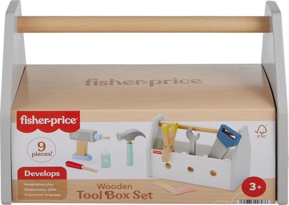 Fisher-Price Coffret Boîte à outils en bois, 9 éléments en bois