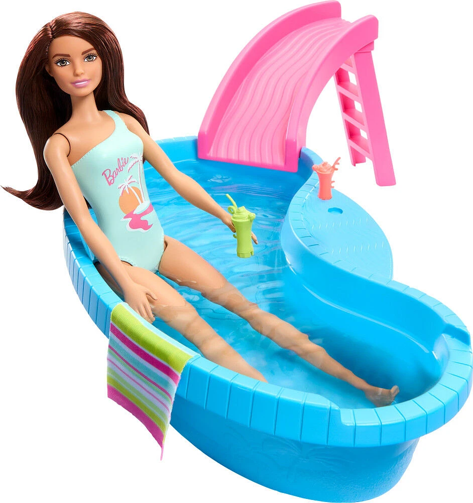 Barbie Coffret et poupée, brunette, piscine, serviette, boissons