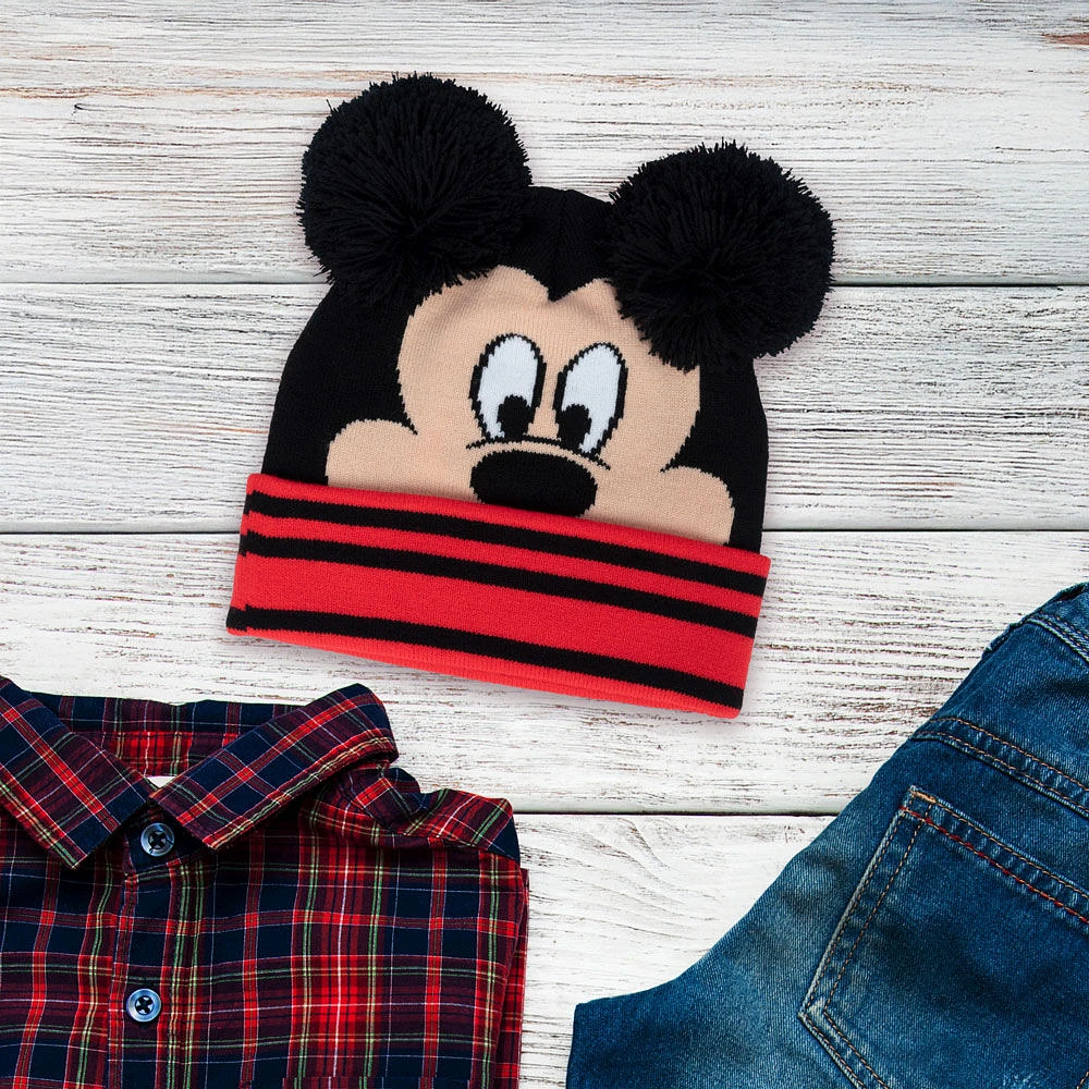 Disney Chapeau À Rebord Mickey Mouse De Disney Avec 2 «Oreilles» En Pompons Et Visage De Mickey À L'Avant Noir, Rouge