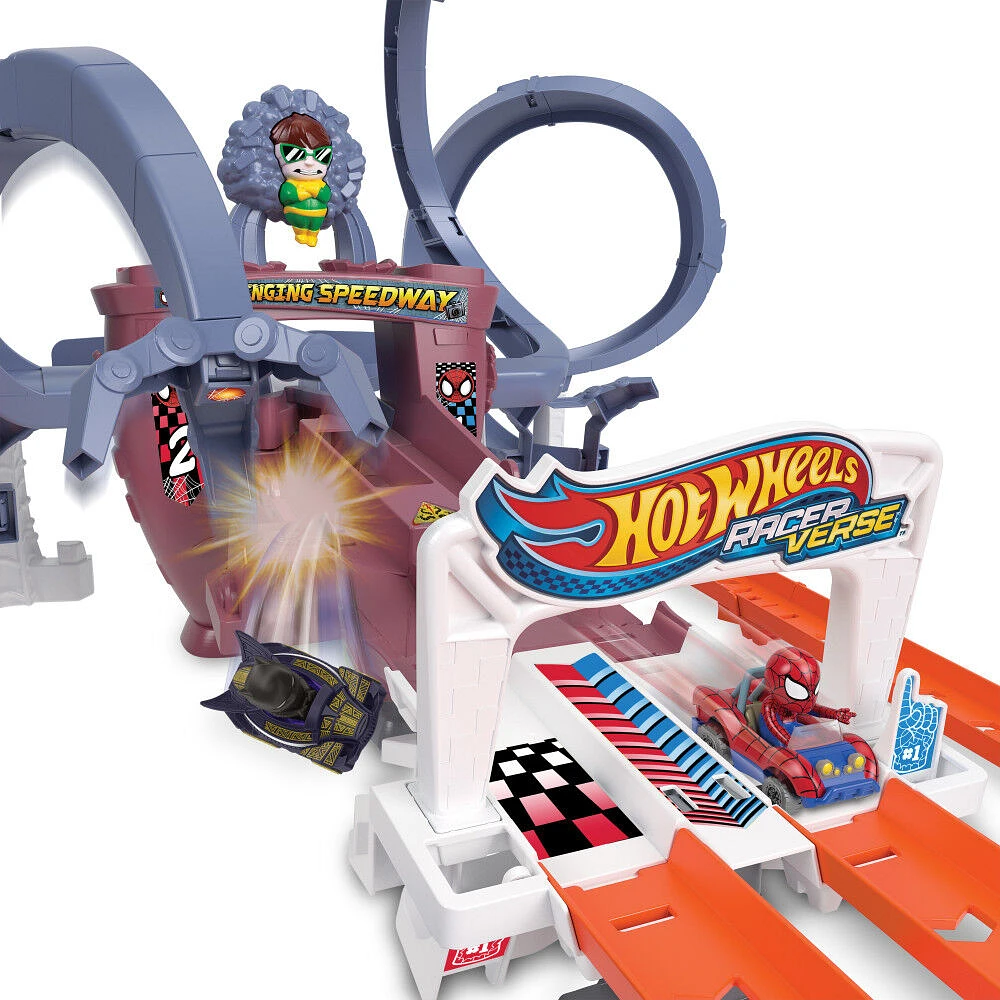 Hot Wheels RacerVerse Spider-Man's Web-Slinging Speedway Track Set with 2 Hot Wheels Racers