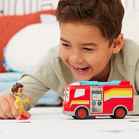 Disney Junior Firebuds, Bo et Flash, figurine articulée et véhicule camion de pompier avec mouvement des yeux interactif