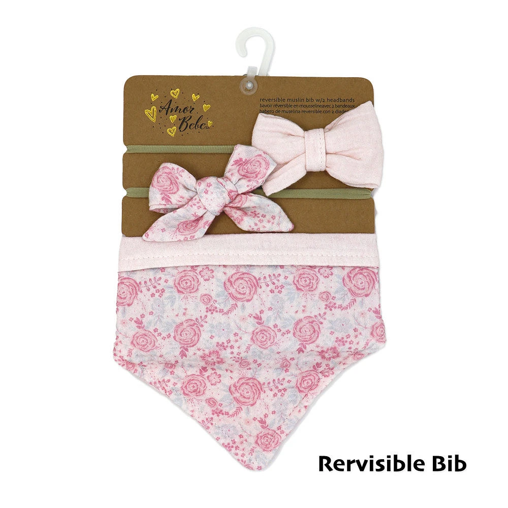 Amor Bebe Lot de 3 bavoirs réversibles en mousseline avec 2 bandeaux : rose floral