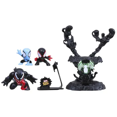 Marvel Stunt Squad Villain Knockdown Playset with Spider-Man, Miles Morales, and Venom 1.5 Inch Action Figures