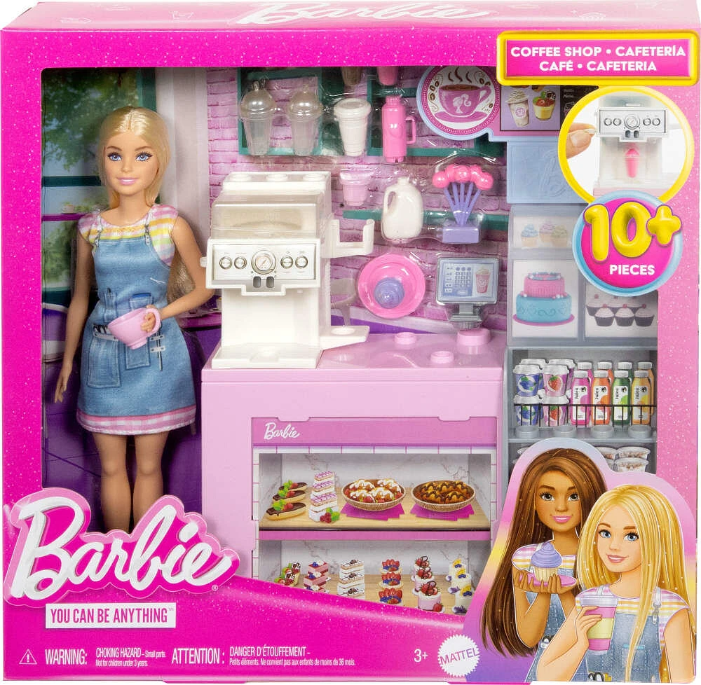 Barbie Coffee Shop Playset with Blonde Barista Doll, Working Coffee Maker & 1+ Accessories