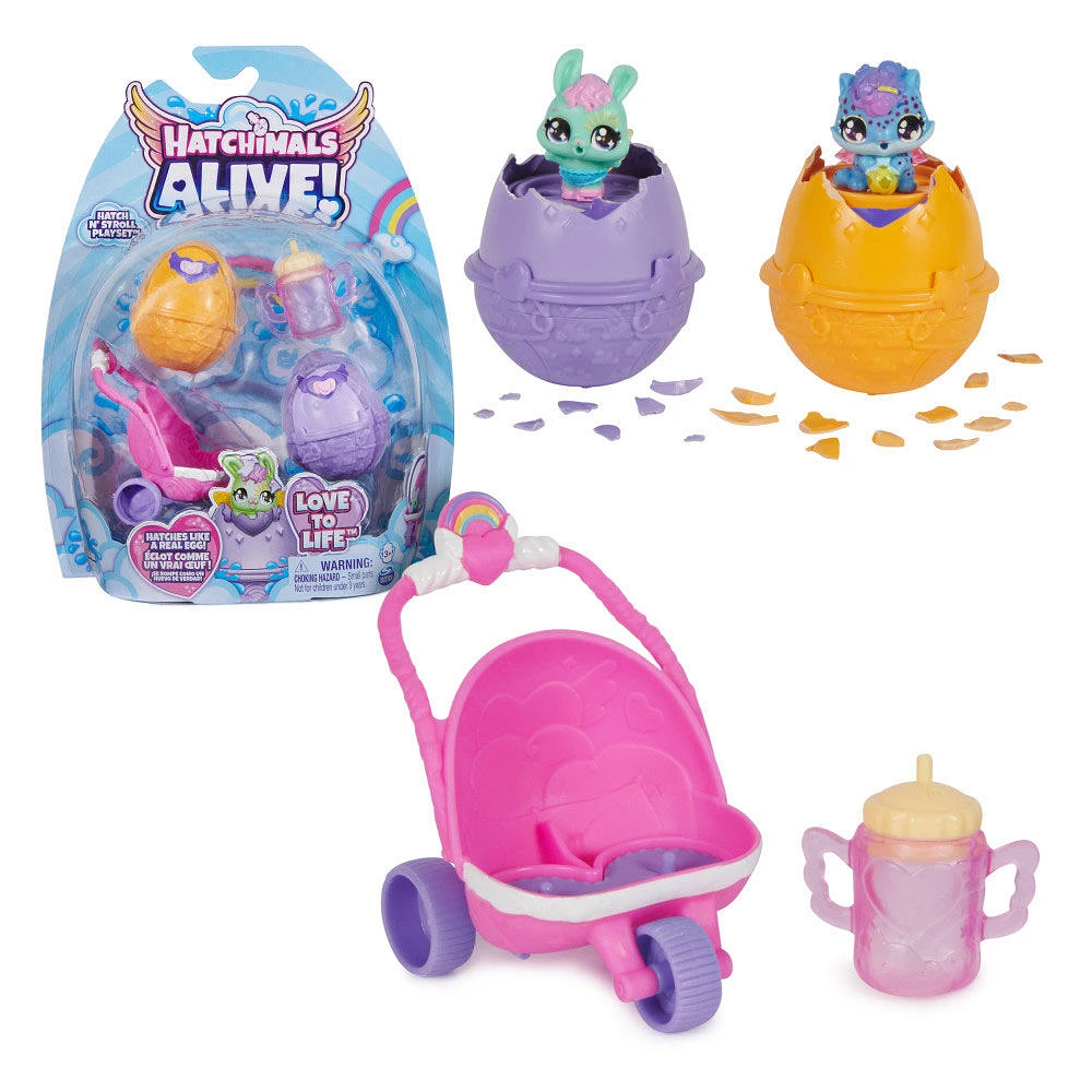 Hatchimals Alive, Hatch N' Stroll Playset avec poussette et 2 mini figurines dans des oeufs qui éclosent tout seuls