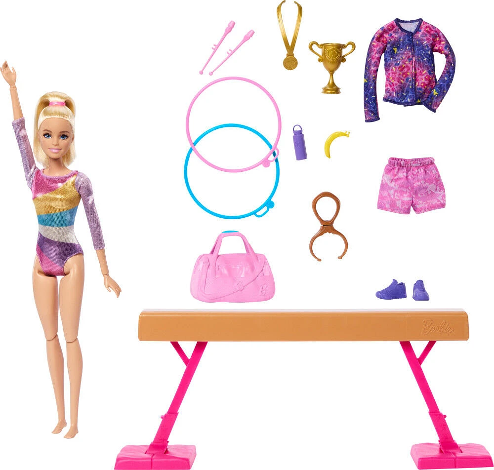 Barbie Gymnastics Playset with Blonde Fashion Doll, Balance Beam, 10+ Accessories & Flip Feature