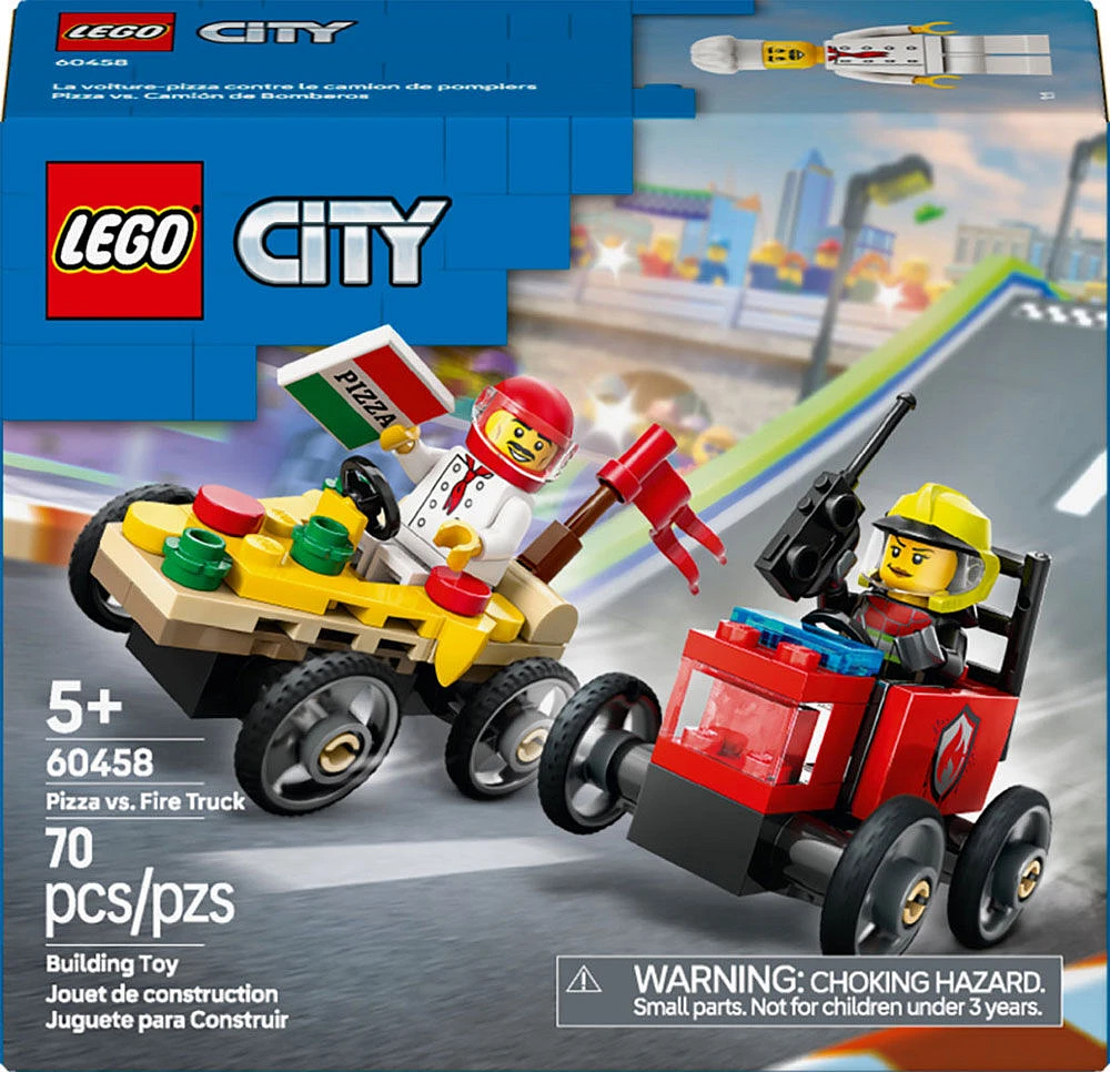 LEGO City Ensemble de course La voiture-pizza contre le camion de pompiers, ensemble de course de boîtes à savon pour les 5 ans et plus 60458