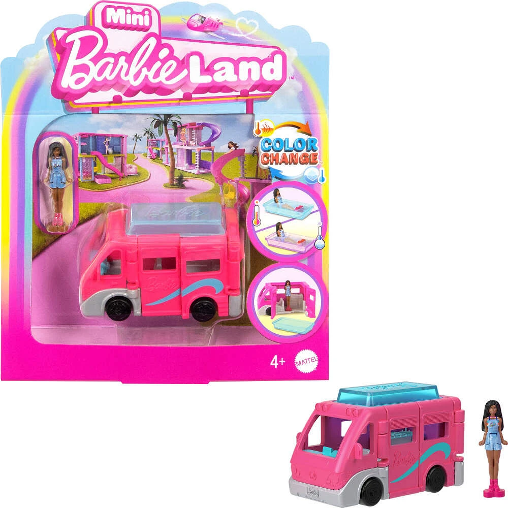 Coffret poupée et véhicule jouet ​Mini BarbieLand Barbie, poupée Barbie de 3,81 cm (1,5 po) et Autocaravane de rêve avec portes qui s'ouvrent vraiment et piscine à changement de couleur