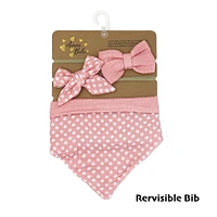 Amor Bebe 3 pc Muslin Reversible Bib with 2 Headbands Set: Pink Dot