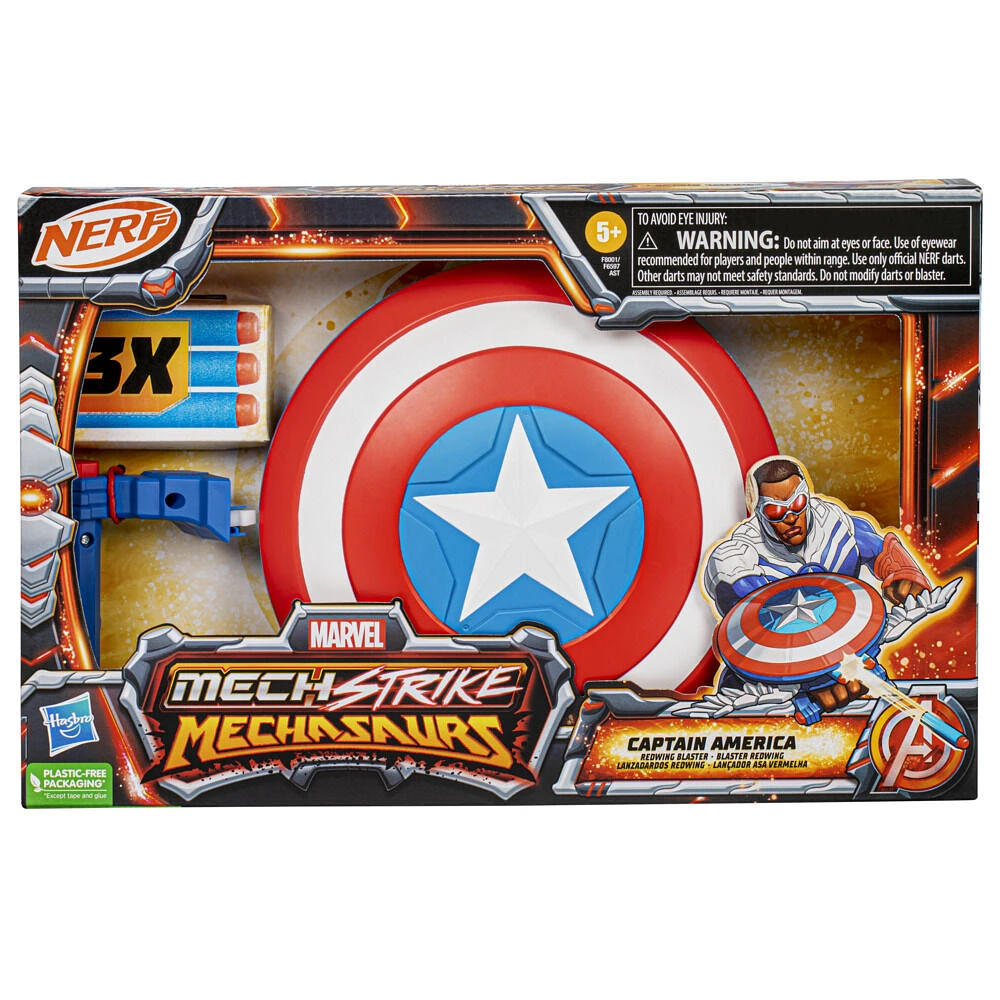 Marvel Mech Strike Mechasaurs, Blaster Redwing Nerf de Captain America, 3 fléchettes, jouet de déguisement de super-héros