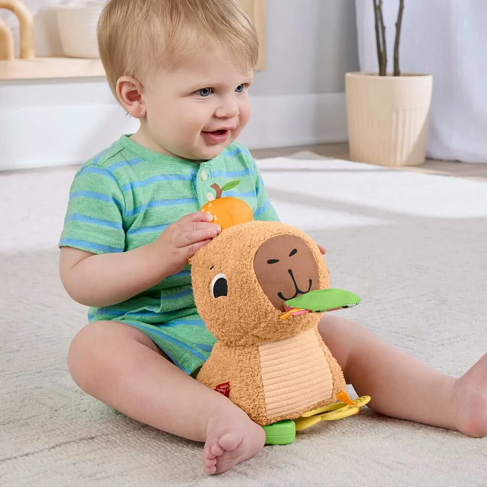 Fisher-Price Snuggly Snacky Capybara Plush Baby Sensory Toy with Teether & Rattle for Newborns