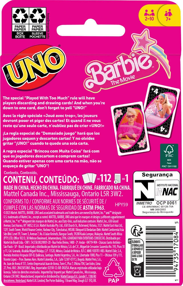 Jeu de cartes - UNO BarbieThe Movie, inspiré du film ""Barbie"