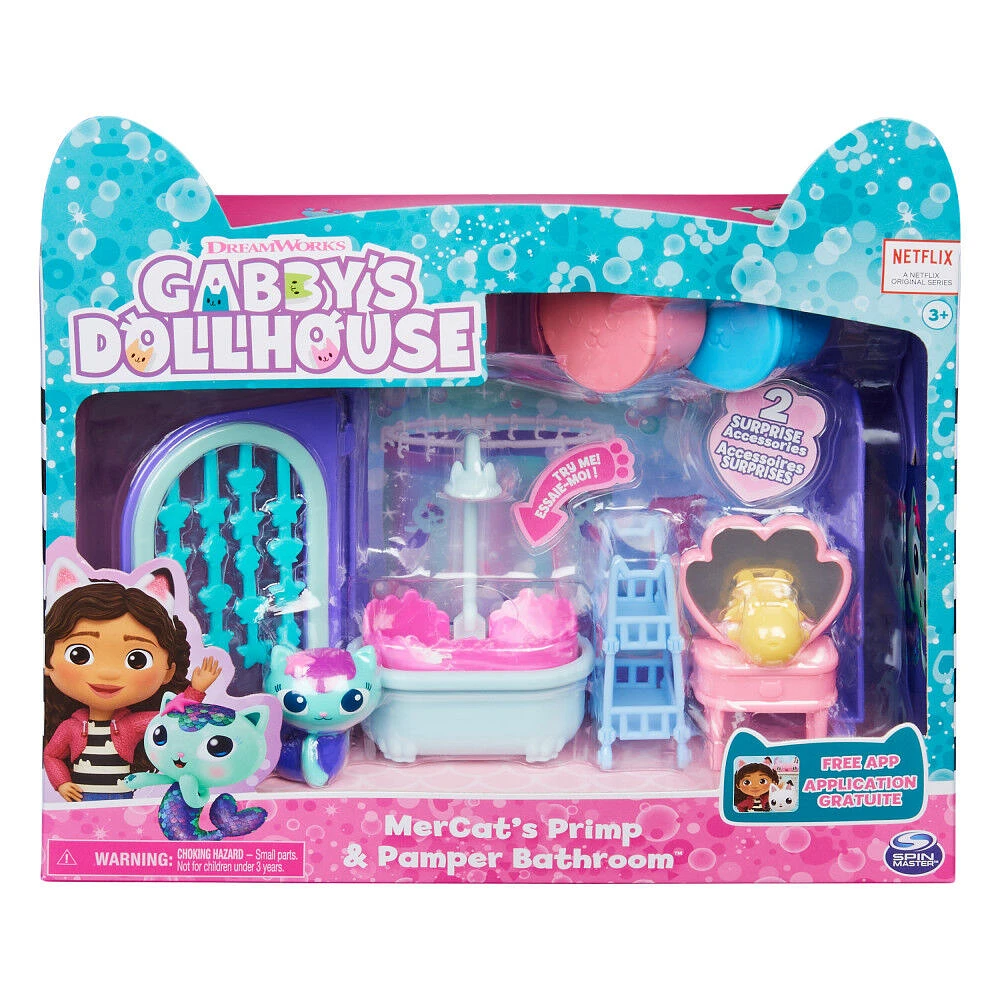 DreamWorks, Gabby's Dollhouse, Primp and Pamper Bathroom avec figurine MerCat, 3 accessoires, 3 meubles et 2 boîtes surprises