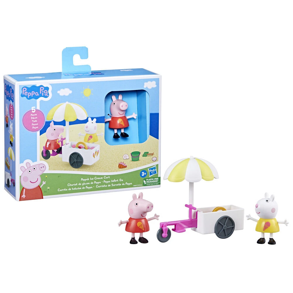 Peppa Pig, Chariot de glaces de Peppa avec 2 figurines et 3 accessoires thématiques, jouets pour enfants