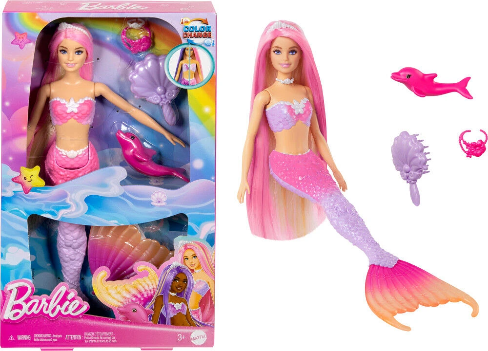 Barbie Malibu Poupée Sirène à changement de couleur, dauphin, acc.