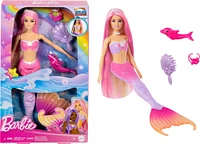 Barbie Malibu Poupée Sirène à changement de couleur, dauphin, acc.