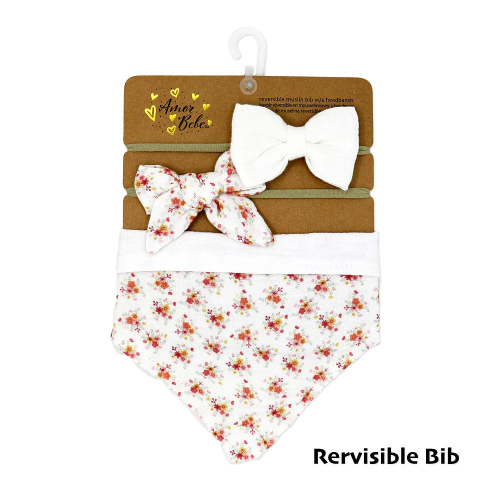 Amor Bebe Ensemble 3 bavoirs réversibles en mousseline avec 2 bandeaux : ivoire floral